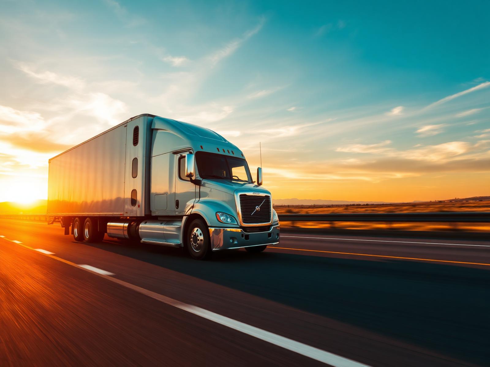 Semi-truck cruising the highway at sunset